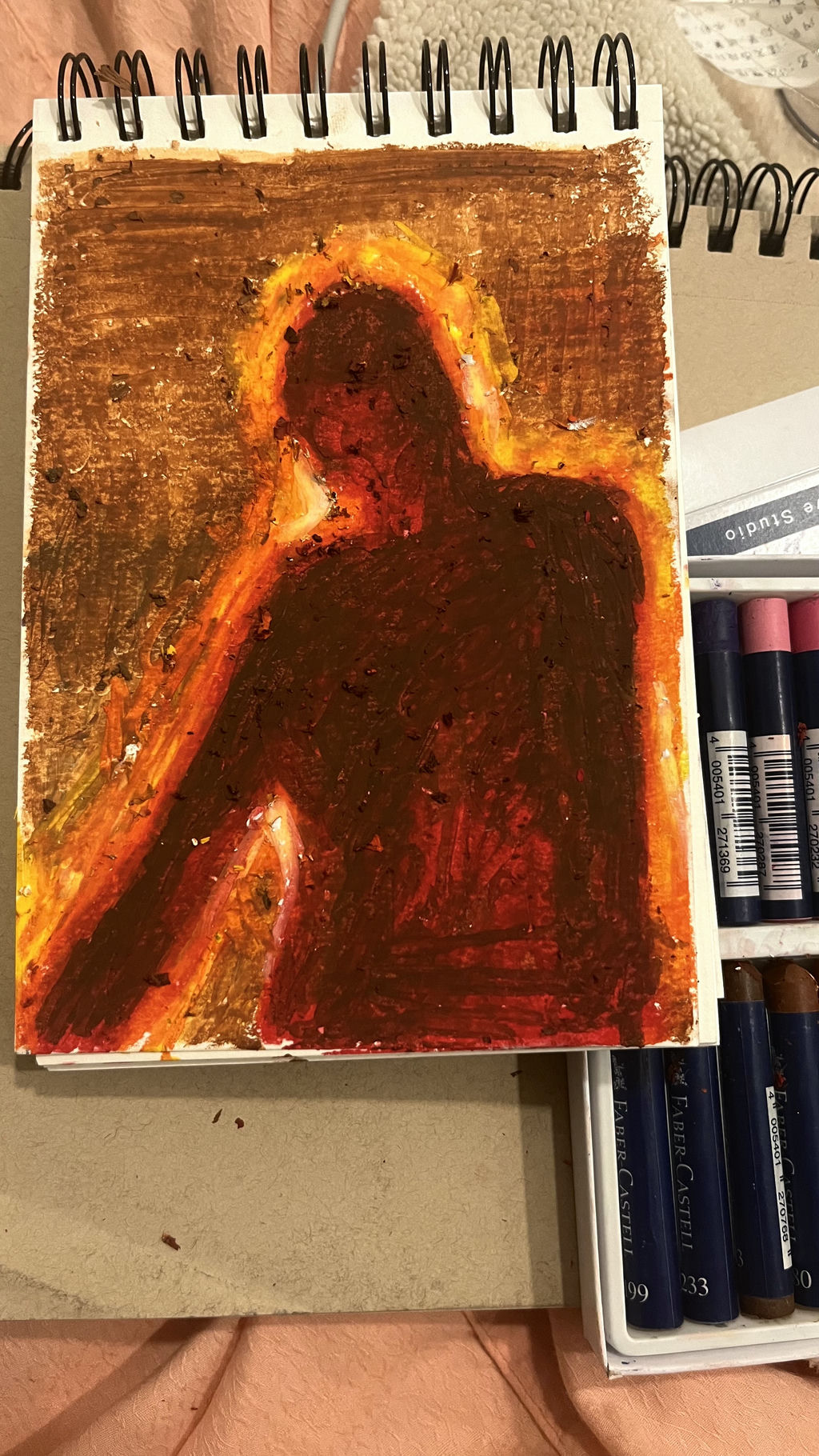 I'm honestly just playing with the texture of oil pastel here. But this drawing reminds me of the Los Angeles fire. 